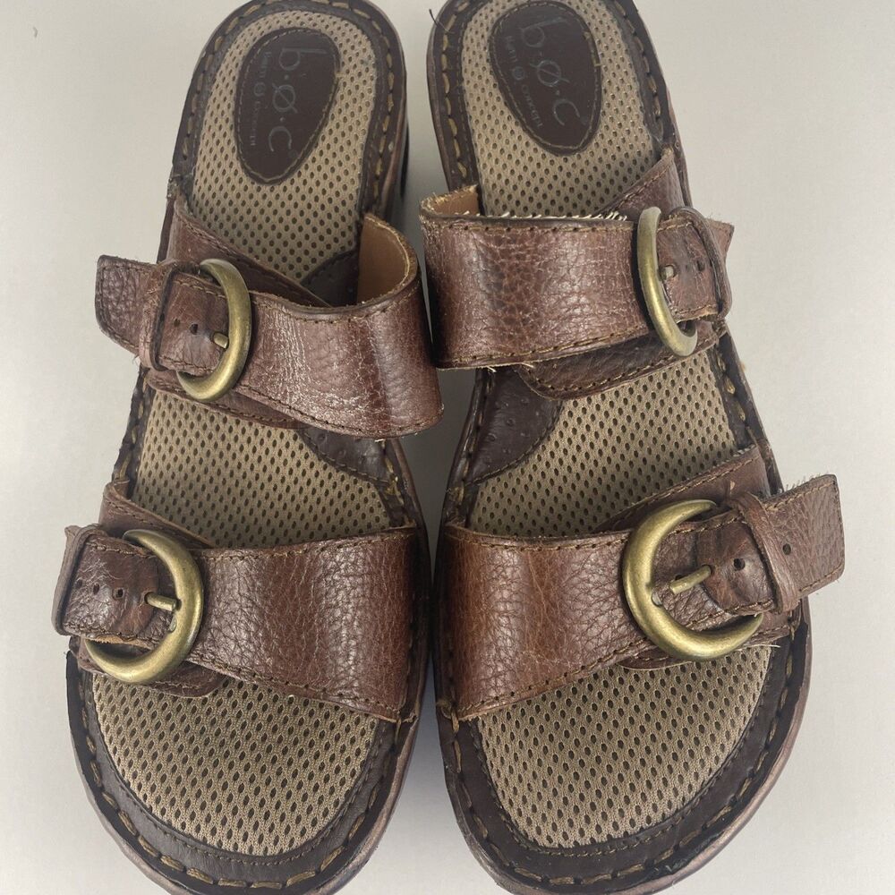 BORN BOC Brown Leather Slide Sandals Sz 10 Women Buckle Strap Detail Med Heel